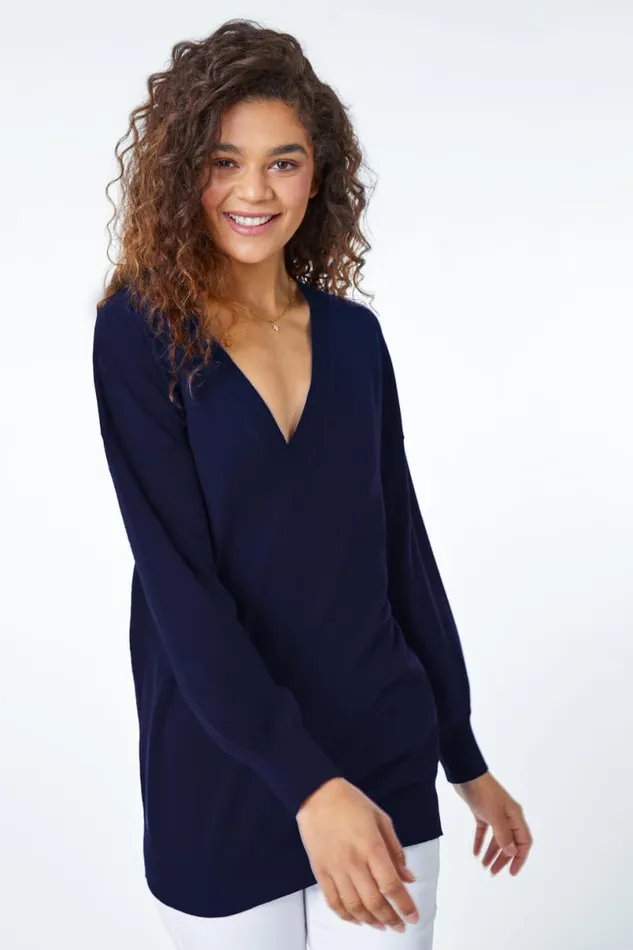 Navy Plain Stretch VNeck Longline Jumper Women Roman Knitwear