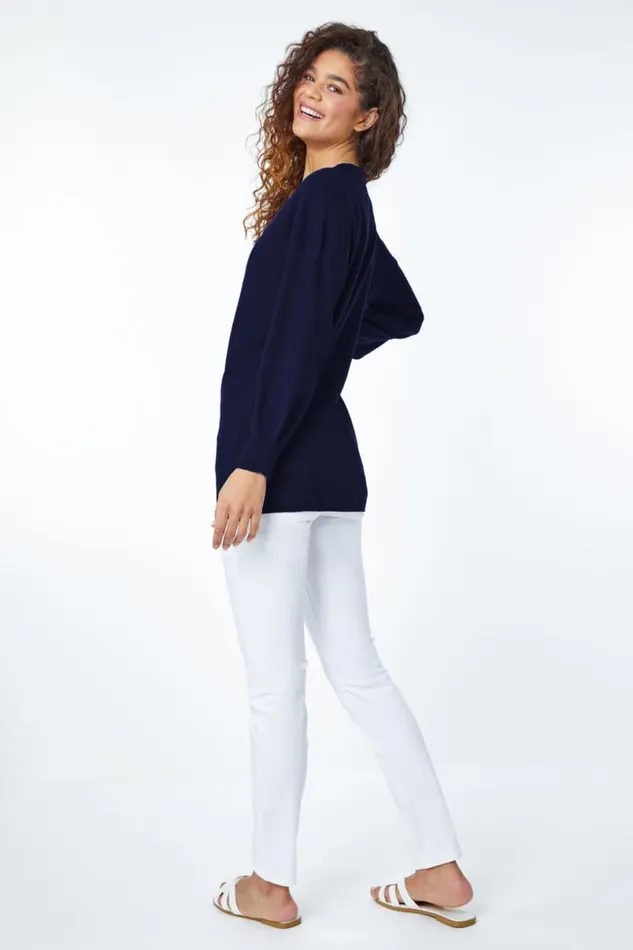 Navy Plain Stretch VNeck Longline Jumper Women Roman Knitwear