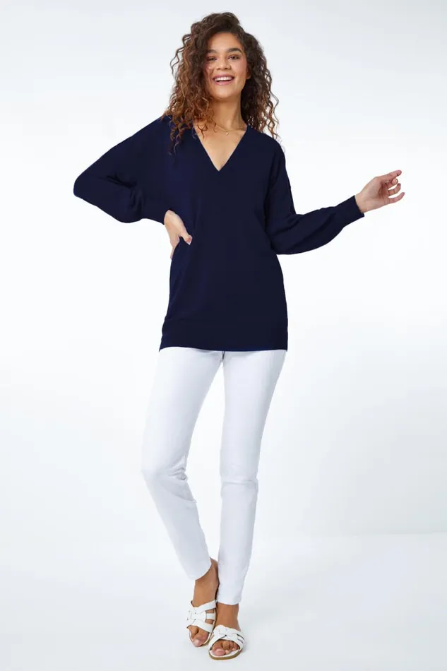 Navy Plain Stretch VNeck Longline Jumper Women Roman Knitwear