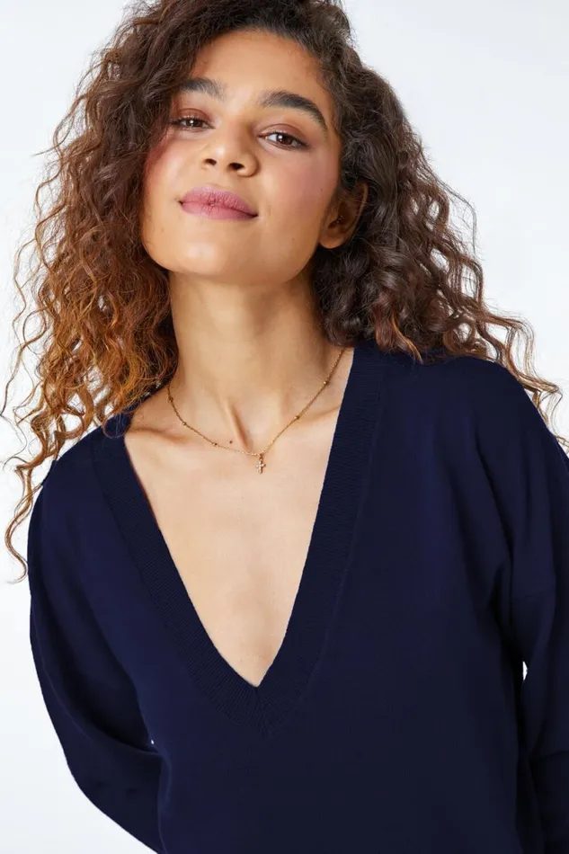 Navy Plain Stretch VNeck Longline Jumper Women Roman Knitwear