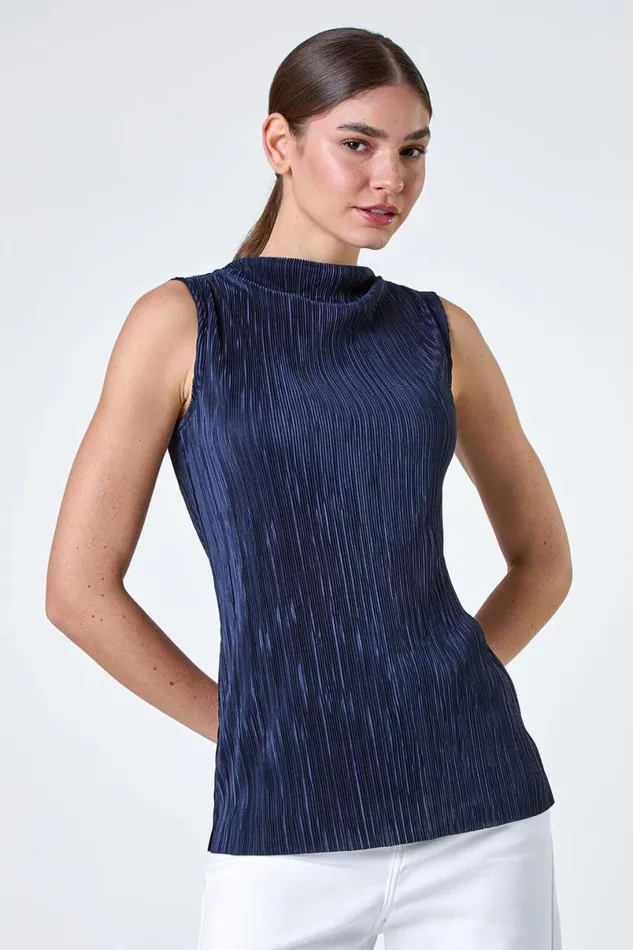 Navy Plisse Stretch Top Women Roman Tops