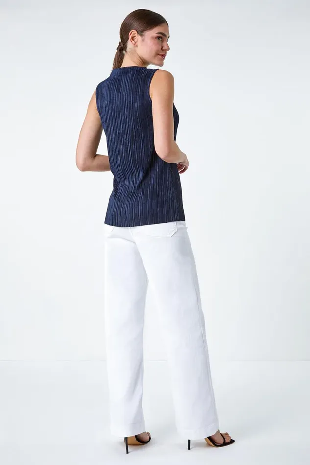 Navy Plisse Stretch Top Women Roman Tops