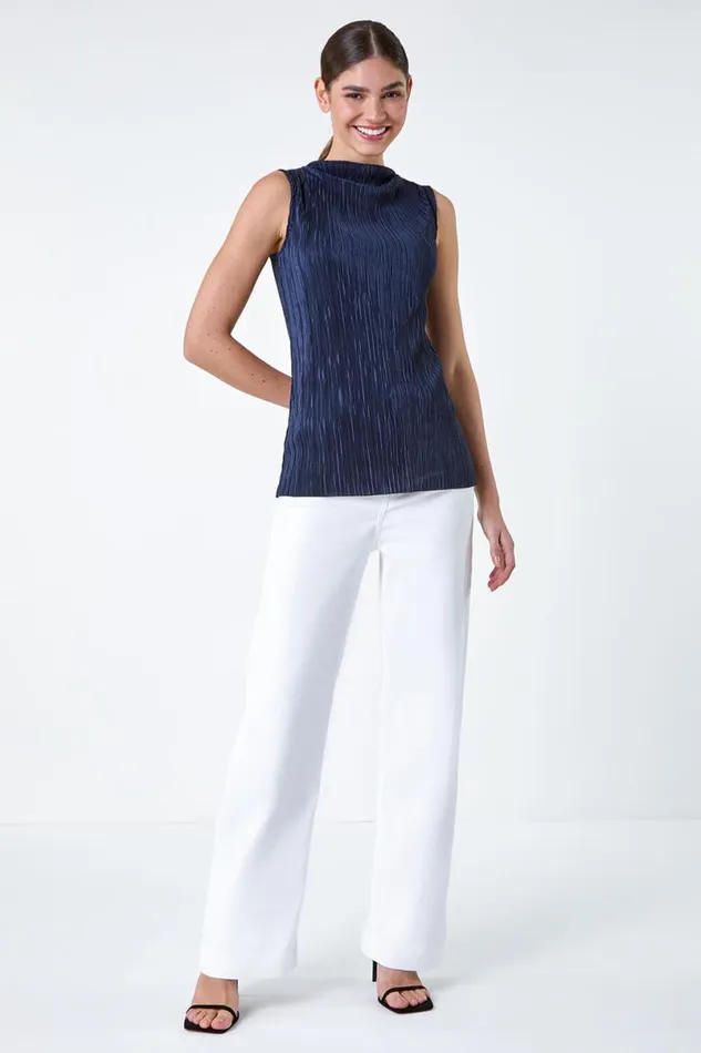 Navy Plisse Stretch Top Women Roman Tops