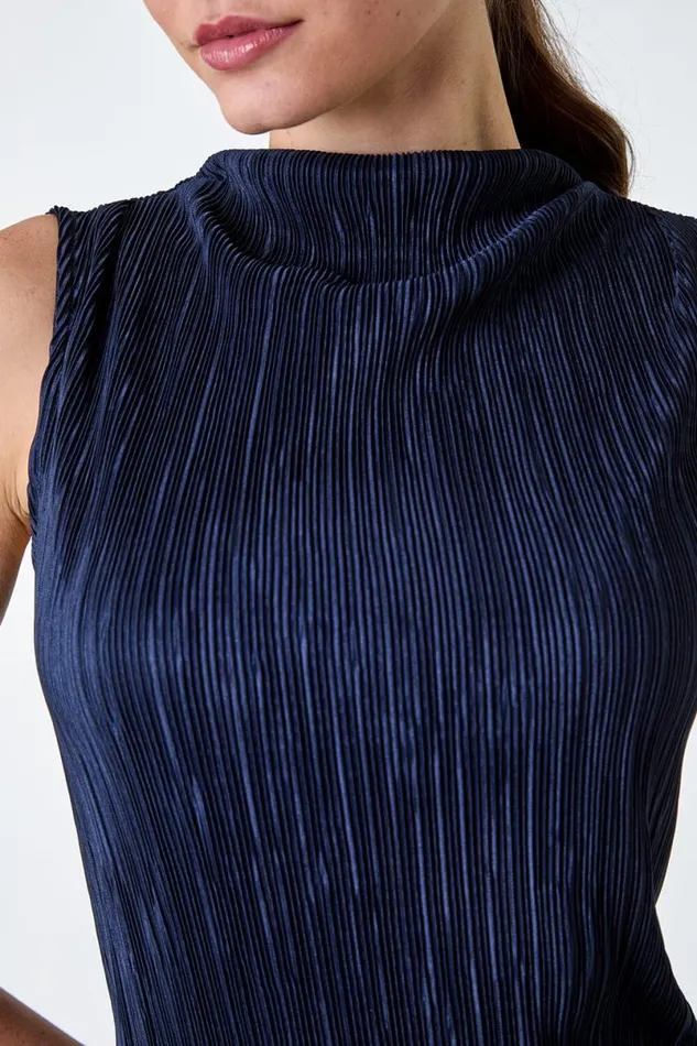 Navy Plisse Stretch Top Women Roman Tops
