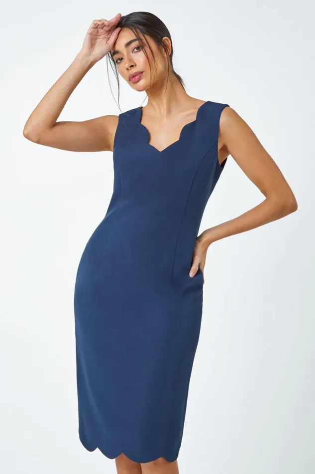 Navy Scallop Edge Plain Shift Dress Women Roman Dresses