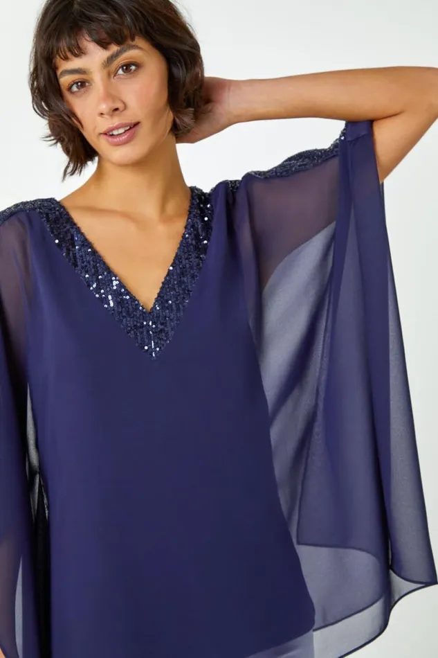 Navy Sequin Embellished Trim Overlay Top Women Roman Tops