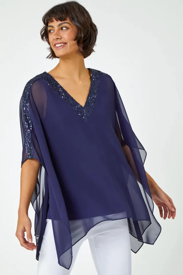 Navy Sequin Embellished Trim Overlay Top Women Roman Tops