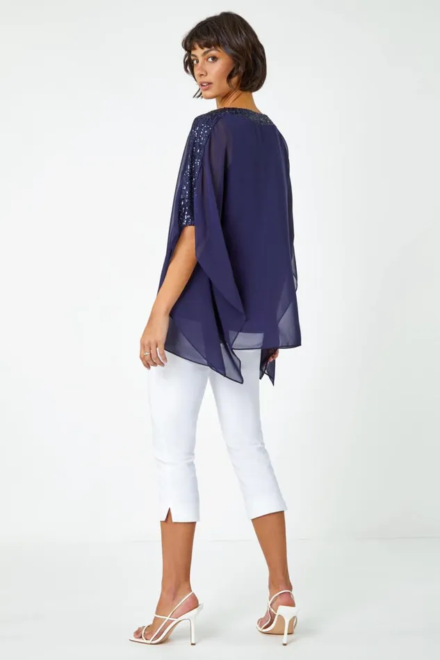 Navy Sequin Embellished Trim Overlay Top Women Roman Tops