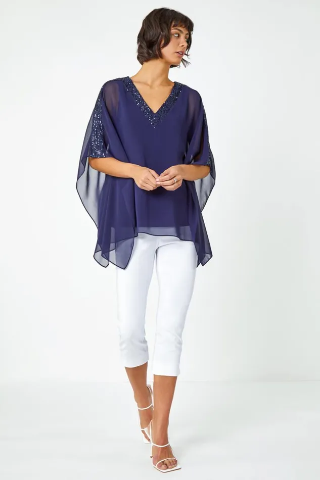 Navy Sequin Embellished Trim Overlay Top Women Roman Tops