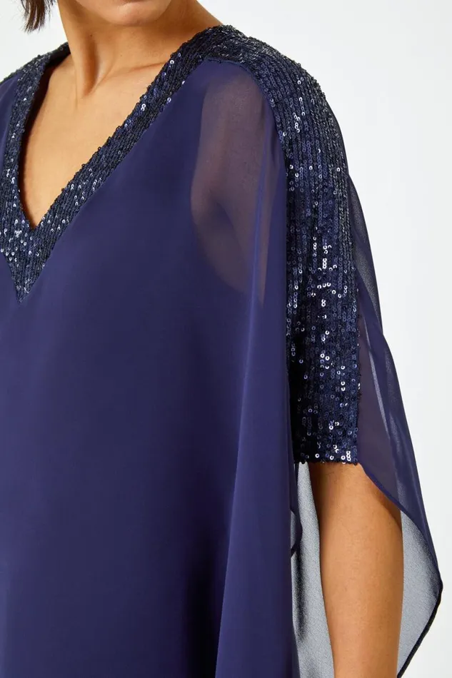 Navy Sequin Embellished Trim Overlay Top Women Roman Tops