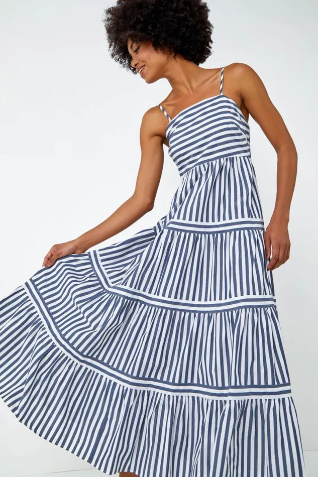 Navy Sleeveless Stripe Tiered Cotton Maxi Dress Women Roman Dresses