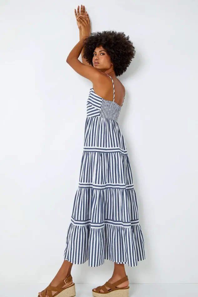 Navy Sleeveless Stripe Tiered Cotton Maxi Dress Women Roman Dresses