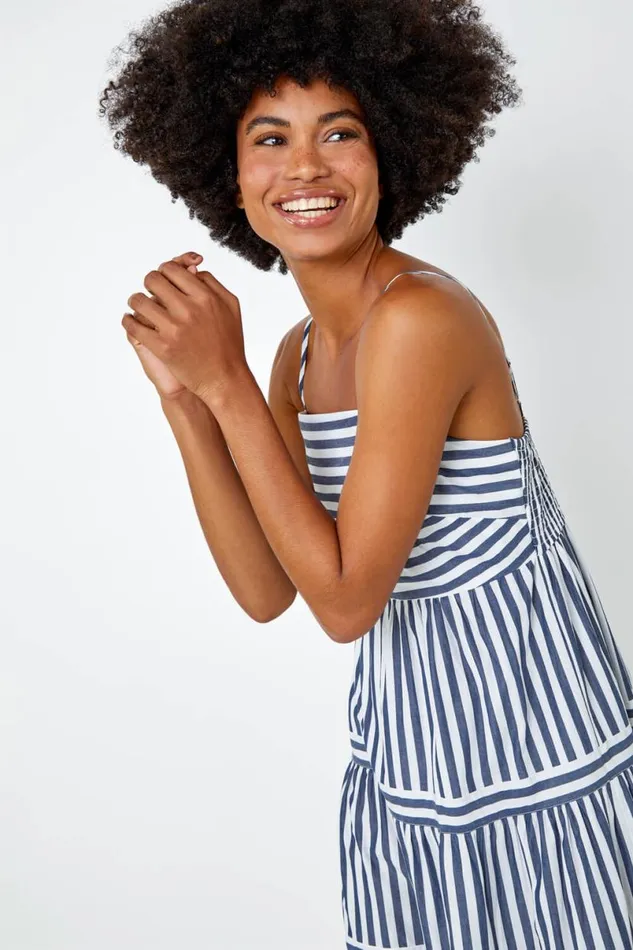 Navy Sleeveless Stripe Tiered Cotton Maxi Dress Women Roman Dresses