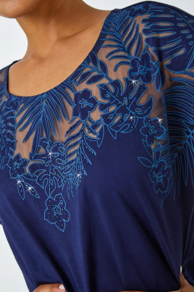 Navy Sparkle Palm Print Burnout TShirt Women Roman Tops
