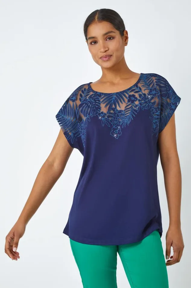 Navy Sparkle Palm Print Burnout TShirt Women Roman Tops