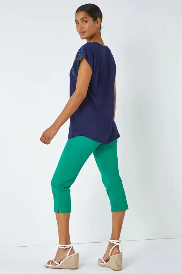 Navy Sparkle Palm Print Burnout TShirt Women Roman Tops
