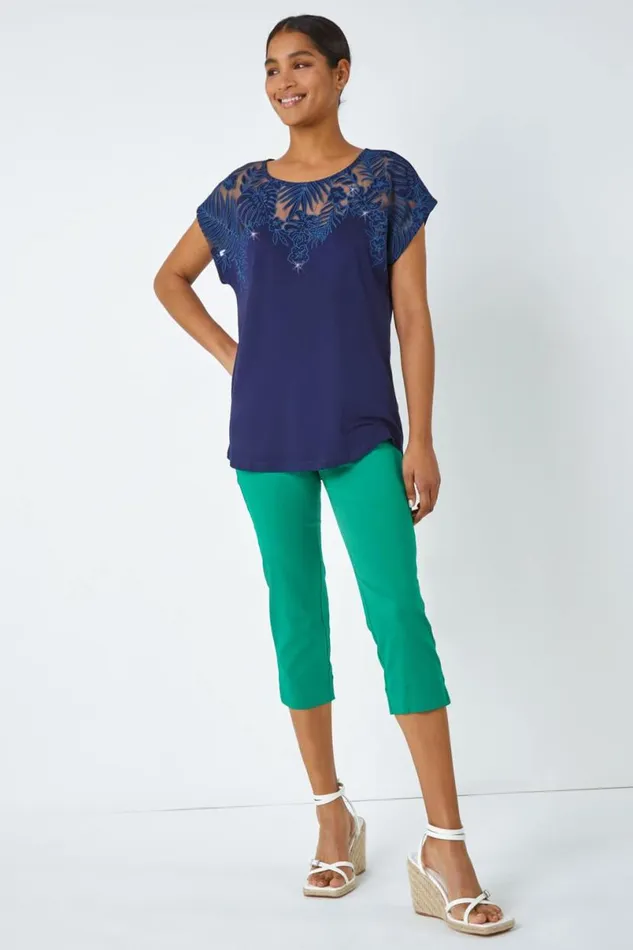 Navy Sparkle Palm Print Burnout TShirt Women Roman Tops