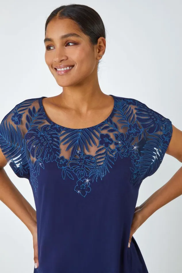 Navy Sparkle Palm Print Burnout TShirt Women Roman Tops