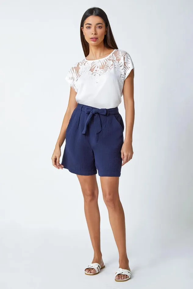 Navy Textured Tie Waist Cotton Shorts Women Roman Trousers