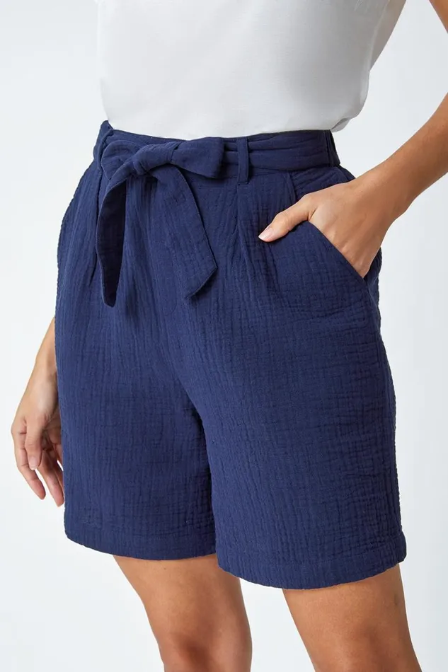 Navy Textured Tie Waist Cotton Shorts Women Roman Trousers