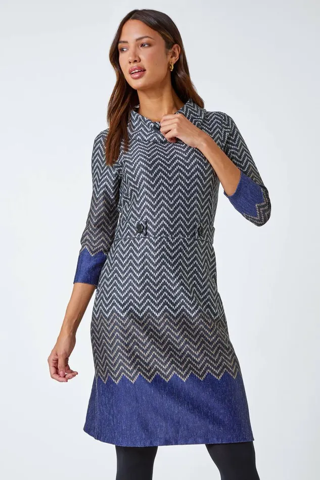 Navy Zig Zag Cowl Neck Stretch Dress Women Roman Dresses