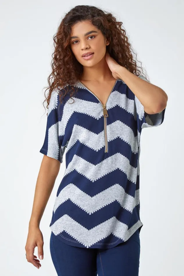 Navy Zip Front VNeck Zig Zag Top Women Roman Tops