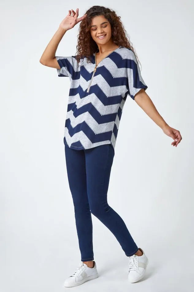 Navy Zip Front VNeck Zig Zag Top Women Roman Tops