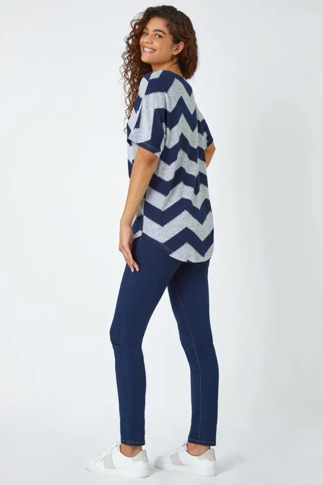 Navy Zip Front VNeck Zig Zag Top Women Roman Tops