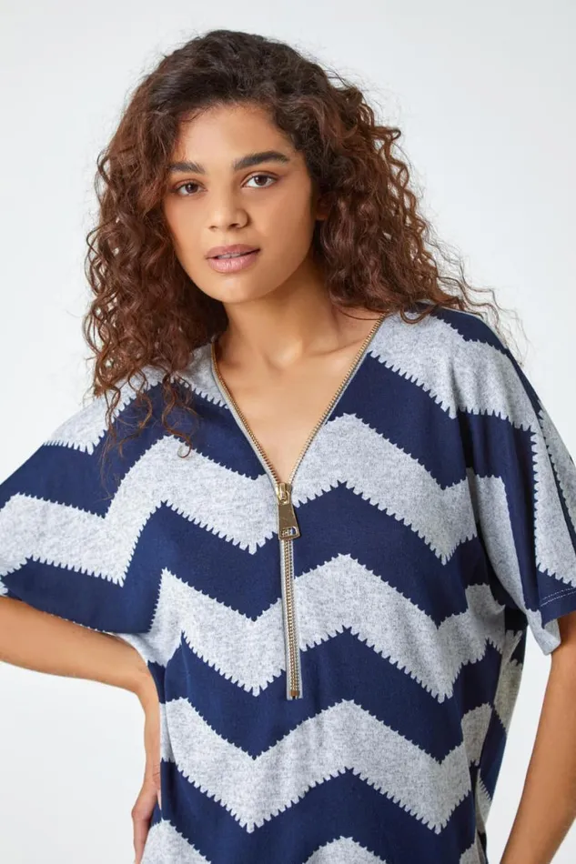 Navy Zip Front VNeck Zig Zag Top Women Roman Tops