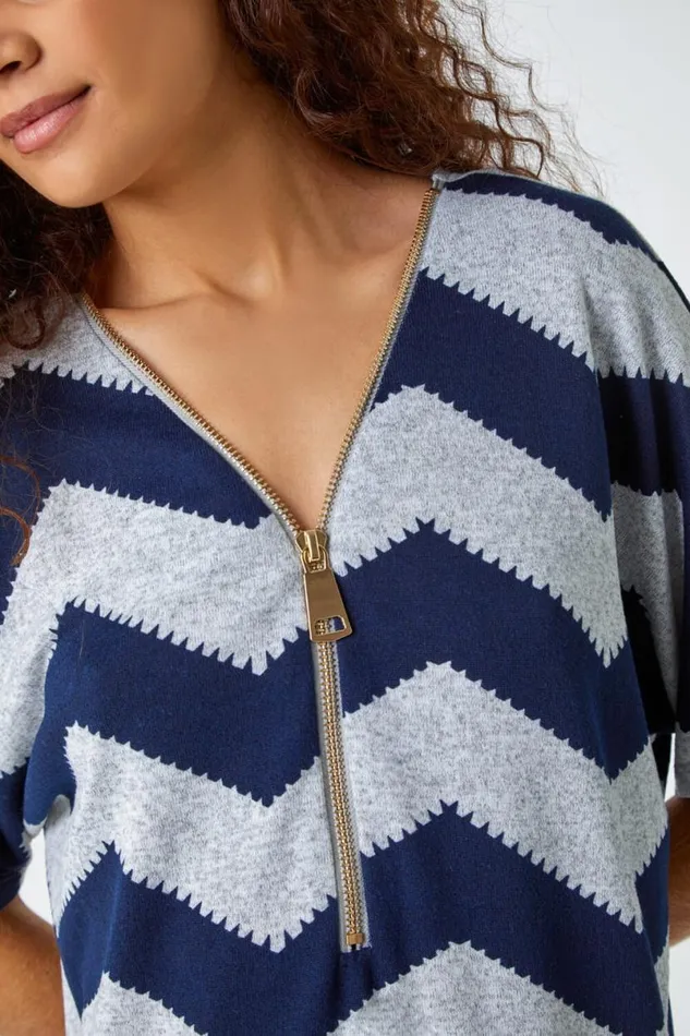Navy Zip Front VNeck Zig Zag Top Women Roman Tops