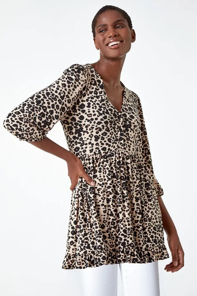 Neutral Animal Print Stretch Tunic Top Women Roman Tops