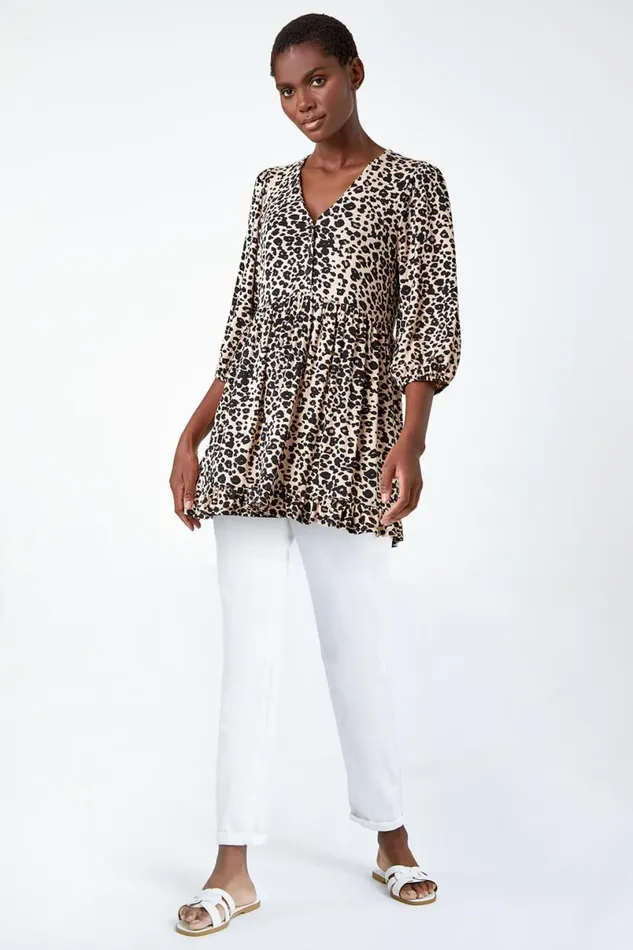 Neutral Animal Print Stretch Tunic Top Women Roman Tops