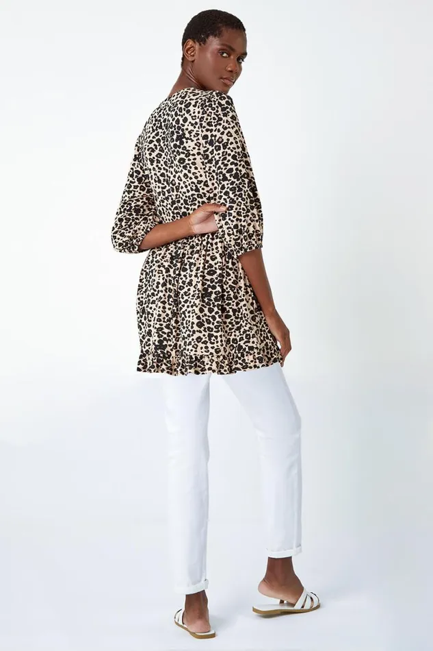 Neutral Animal Print Stretch Tunic Top Women Roman Tops