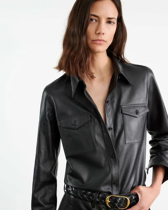 Nili Lotan AVA LEATHER SHIRT Black Women Tops