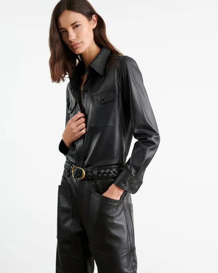 Nili Lotan AVA LEATHER SHIRT Black Women Tops