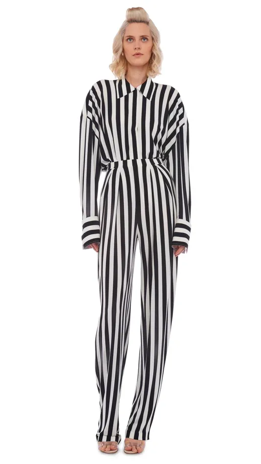 Norma Kamali Bottoms TAPERED PLEATED TROUSER 34 Stripe 8211 Clothing