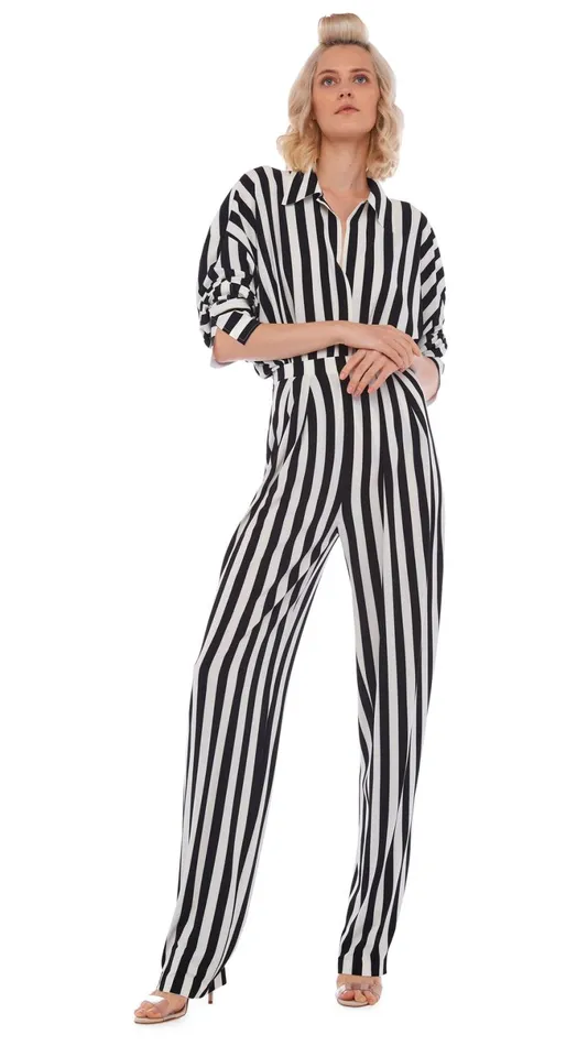 Norma Kamali Bottoms TAPERED PLEATED TROUSER 34 Stripe 8211 Clothing