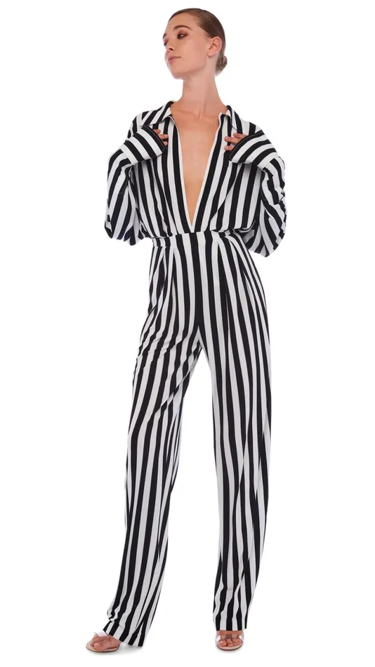 Norma Kamali Bottoms TAPERED PLEATED TROUSER 34 Stripe 8211 Clothing