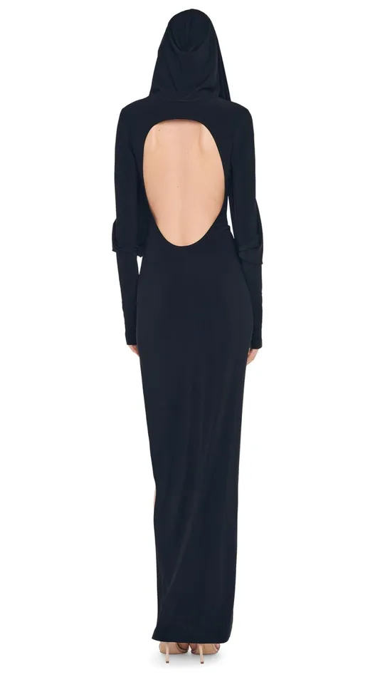 Norma Kamali Dresses HOODED OPEN BACK SIDE SLIT GOWN Black 8211 Clothing