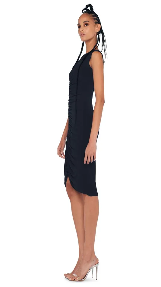 Norma Kamali Dresses SLEEVELESS V NECK SHIRRED FRONT DRESS TO KNEE Black 8211 Clothing Norma Kamali Dresses SLEEVELESS V NECK SHIRRED FRONT DRESS TO KNEE Black 8211 Clothing
