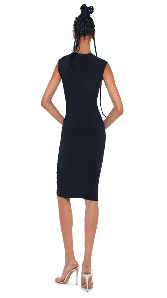Norma Kamali Dresses SLEEVELESS V NECK SHIRRED FRONT DRESS TO KNEE Black 8211 Clothing Norma Kamali Dresses SLEEVELESS V NECK SHIRRED FRONT DRESS TO KNEE Black 8211 Clothing