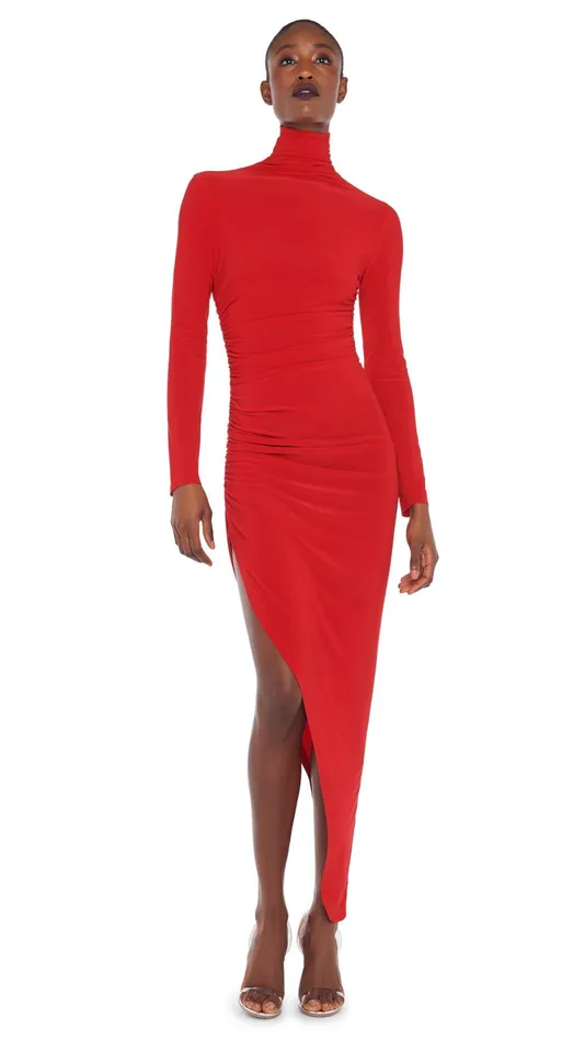 Norma Kamali Dresses TURTLE NECK SIDE DRAPE GOWN Tiger Red 8211 Clothing