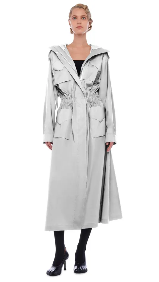 Norma Kamali Jackets LONG HOODED CARGO COAT Grey 8211 Clothing