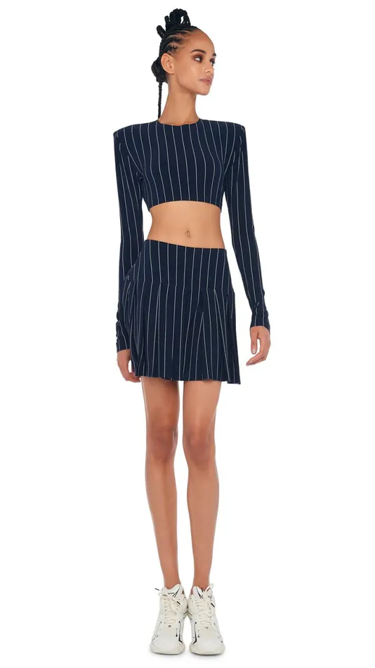 Norma Kamali Tops CROPPED SHOULDER PAD TOP True Navy Pinstripe 8211 Clothing