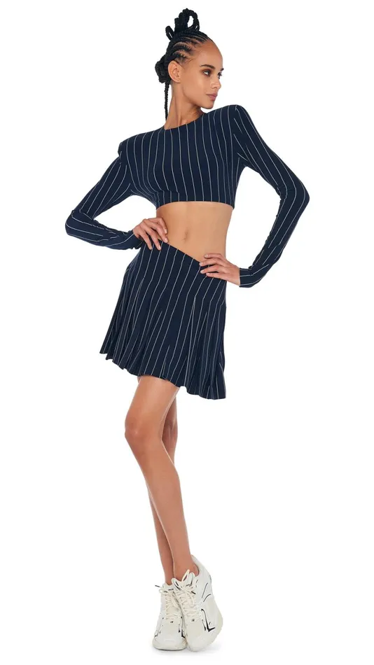 Norma Kamali Tops CROPPED SHOULDER PAD TOP True Navy Pinstripe 8211 Clothing Norma Kamali Tops CROPPED SHOULDER PAD TOP True Navy Pinstripe 8211 Clothing
