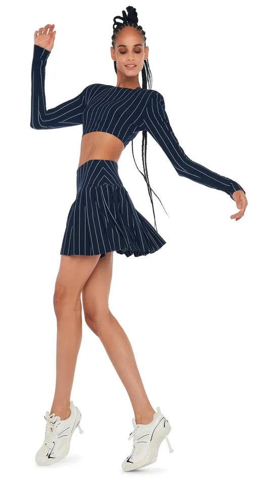 Norma Kamali Tops CROPPED SHOULDER PAD TOP True Navy Pinstripe 8211 Clothing Norma Kamali Tops CROPPED SHOULDER PAD TOP True Navy Pinstripe 8211 Clothing