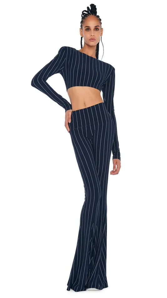 Norma Kamali Tops CROPPED SHOULDER PAD TOP True Navy Pinstripe 8211 Clothing Norma Kamali Tops CROPPED SHOULDER PAD TOP True Navy Pinstripe 8211 Clothing