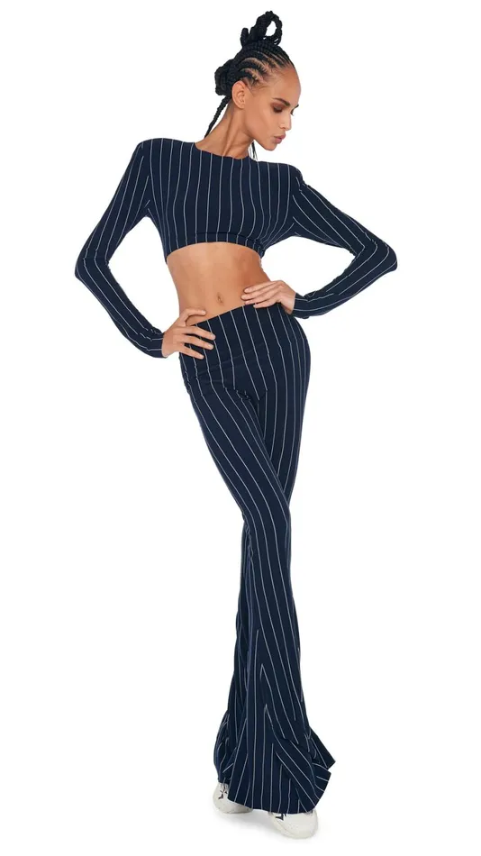 Norma Kamali Tops CROPPED SHOULDER PAD TOP True Navy Pinstripe 8211 Clothing Norma Kamali Tops CROPPED SHOULDER PAD TOP True Navy Pinstripe 8211 Clothing