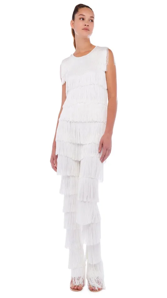 Norma Kamali Tops SLEEVELESS FRINGE TEE Snow White 8211 Clothing