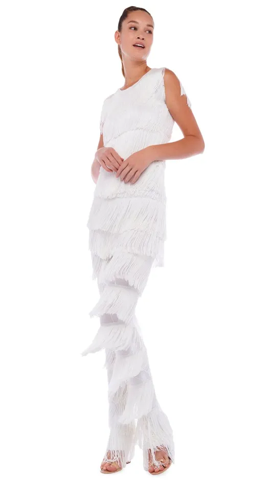 Norma Kamali Tops SLEEVELESS FRINGE TEE Snow White 8211 Clothing